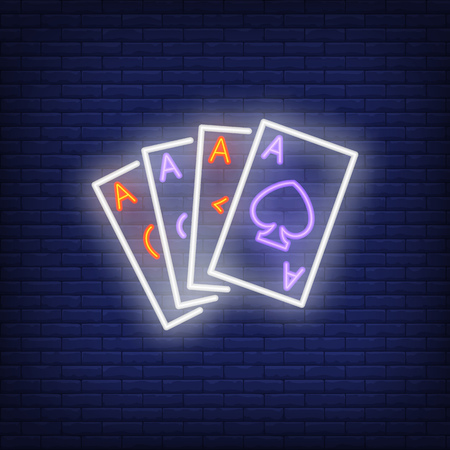 Ace cards neon sign. Diamond, club, heart, spade. Night bright advertisement. Vector illustration in...