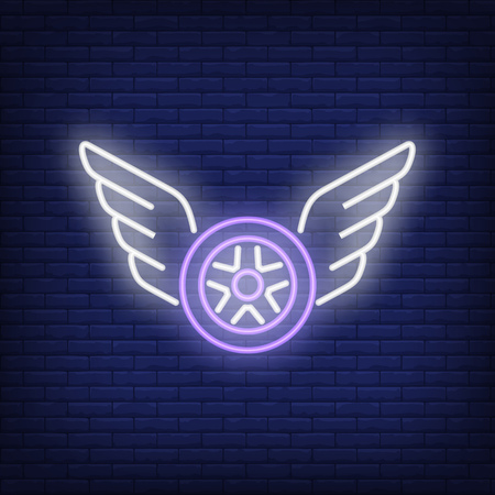 Neon icon of flying wheel. Tire shop, fitting, wings. Car service concept. Can be used for maintenance, garage, repair centerのイラスト素材