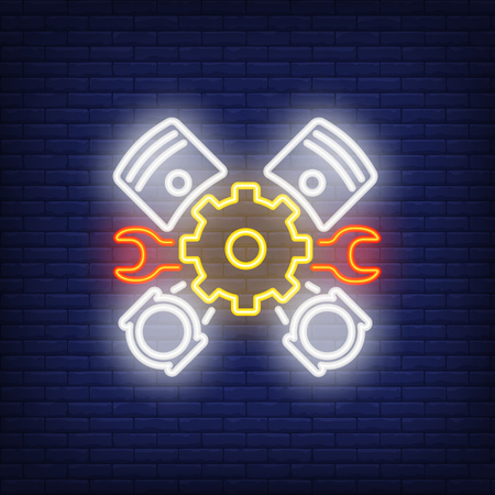 Neon icon of mechanic tools and pedals. Car details, gear, wrench. Car repair concept. Can be used for maintenance, service, garageのイラスト素材