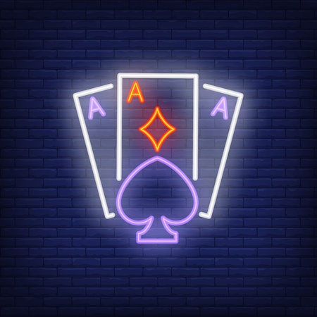 Playing ace cards neon sign. Diamond, spade, brick wall. Night bright advertisement. Vector illustration in neon style for gambling, casino and poker clubのイラスト素材
