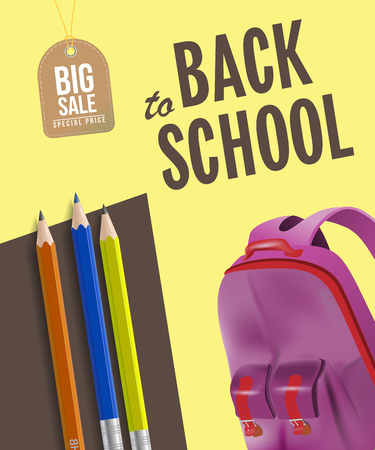 Back to school big sale poster design with backpack, pencils and tag on yellow and black background. Text can be used for signs, flyers, bannersのイラスト素材