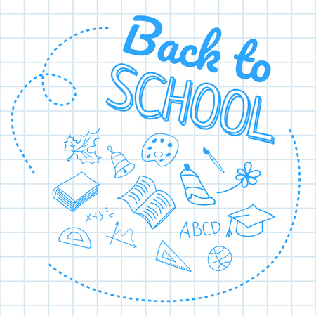 Back to school lettering on squared paper with hand drawings. Offer or sale advertising design. Typed text, calligraphy. For leaflets, brochures, invitations, posters or banners.のイラスト素材