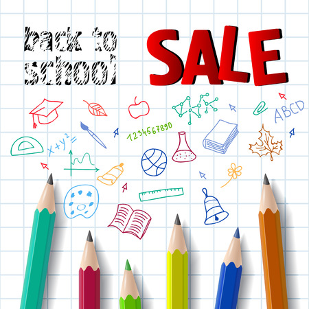 Back to school, sale lettering with pencils. Offer or sale advertising design. Typed text, calligraphy. For leaflets, brochures, invitations, posters or banners.のイラスト素材