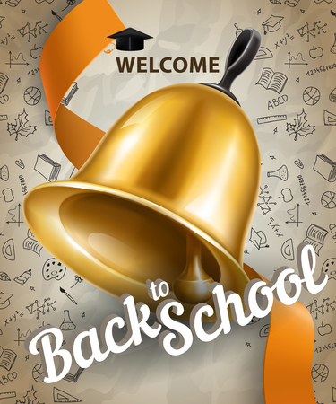 Welcome, back to school lettering and big bell. Offer or sale advertising design. Handwritten and typed text, calligraphy. For leaflets, brochures, invitations, posters or banners.のイラスト素材
