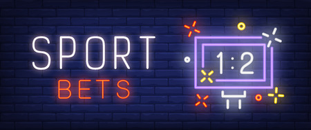 Sport bets neon text with scoreboard. Sport and betting advertisement design. Night bright neon sign, colorful billboard, light banner. Vector illustration in neon style.のイラスト素材
