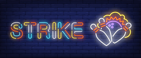 Strike neon style banner. Text and bowling ball with bowls on brick background. Night bright advertisement. Can be used for signs, posters, billboardsのイラスト素材