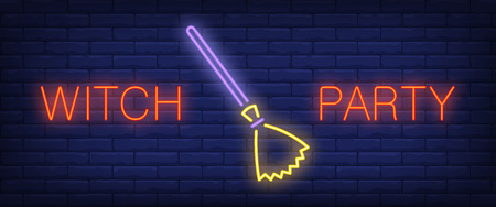 Witch party neon style banner. Text and broom on brick background. Night bright advertisement. Can be used for signs, posters, billboardsのイラスト素材