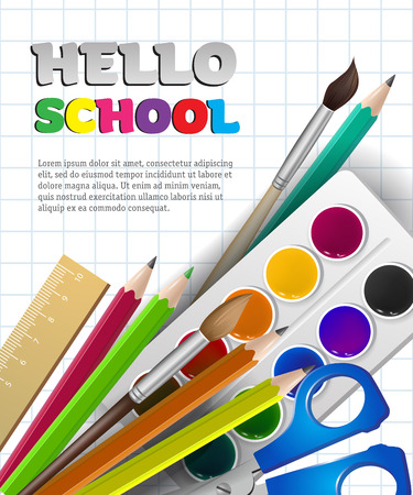 Hello school lettering with supplies and watercolor paint. Offer or sale advertising design. Typed text, calligraphy. For leaflets, brochures, invitations, posters or banners.のイラスト素材
