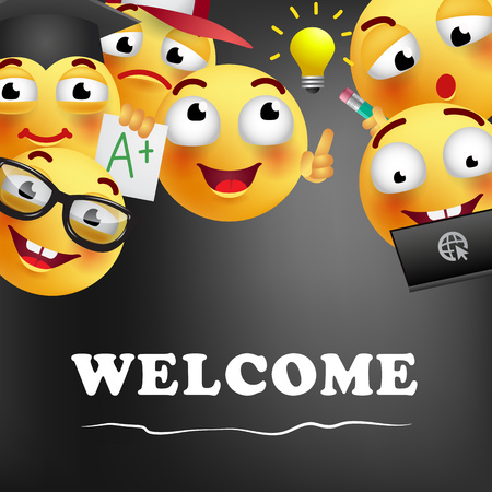 Welcome lettering with smiling emojies. Offer or sale advertising design. Typed text, calligraphy. For leaflets, brochures, invitations, posters or banners.のイラスト素材