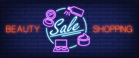 Beauty shopping, sale neon text and cosmetic accessories. Makeup, skincare and offer concept. Advertisement design. Night bright neon sign, colorful billboard. Vector illustration in neon style.のイラスト素材