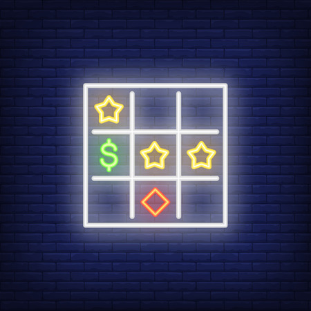 Neon icon of bingo card. Table with stars, diamond and dollar symbols on brick wall background. Lottery game concept. Can be used for neon signs, posters, billboards, banners.のイラスト素材