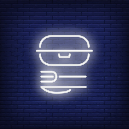 Neon icon of takeaway food. Shape of pack, fork and knife on brick wall background. Take out food concept. Can be used for neon signs, posters, billboards, banners.のイラスト素材