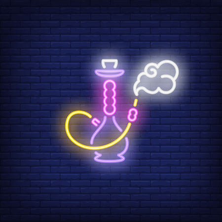 Neon icon of hookah with smoke on brick wall background. Smoking concept. Bright neon sign element...