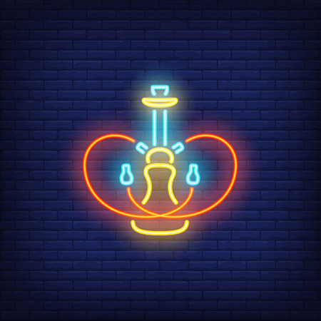 Neon icon of hookah with two heart shaped hoses on brick wall background. Nightlife or dating concept. Bright neon sign element can be used for lounge, club and cafe advertisingのイラスト素材