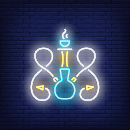 Neon icon of hookah with two hoses on brick wall background. Smoking or romance concept. Bright neon sign element can be used for lounge, club and cafe advertisingのイラスト素材