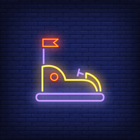 Go kart in amusement park neon sign. Open car with flag on dark wall. Night bright advertisement. Vector illustration in neon style for entertainment and leisureのイラスト素材