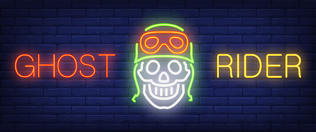 Ghost rider neon text with skull in helmet and goggles. Transport and offer concept. Advertisement design. Night bright neon sign, colorful billboard, light banner. Vector illustration in neon style.のイラスト素材