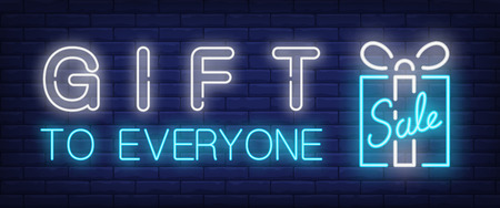 Gift to everyone, sale neon text with gift box. Shopping and offer concept. Advertisement design. Night bright neon sign, colorful billboard, light banner. Vector illustration in neon style.のイラスト素材