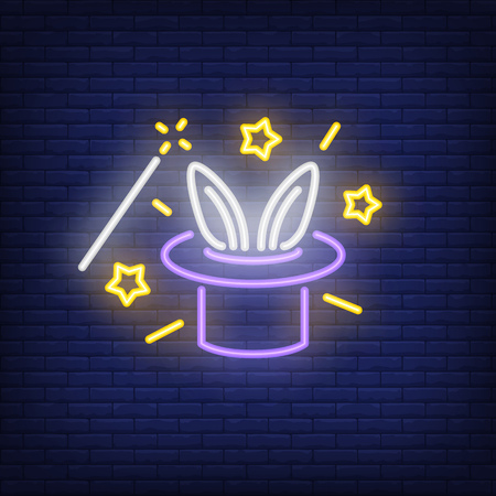 Rabbit ears emerging from magicians hat neon sign. Magic trick performing with magic wand. Night bright advertisement. Vector illustration in neon style for circus and sorceryのイラスト素材