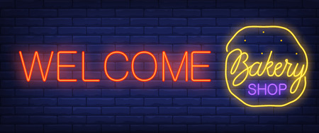 Welcome, bakery shop neon text with dough. Bakery shop and pastry concept. Advertisement design. Night bright neon sign, colorful billboard, light banner. Vector illustration in neon style.のイラスト素材