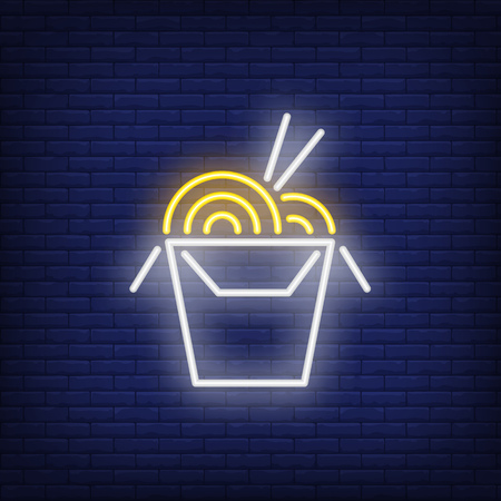 Neon icon of Chinese food. Takeaway box of noodles with chopsticks on brick wall background. Asian cuisine concept. Can be used for neon signs, posters, billboards, banners.のイラスト素材