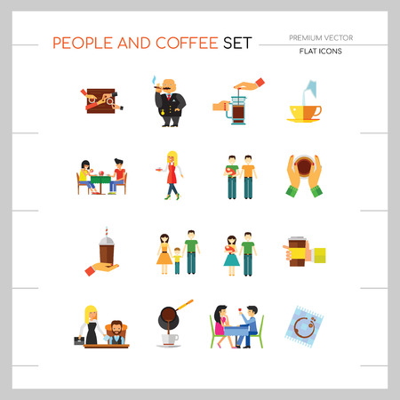 People And Coffee Icon Set. Takeaway Cup Rich Person Director Dinner Coffee On Napkin Coffee And Hands Pouring Milk Press Pot Waitress Pouring Drinking Coffeeのイラスト素材