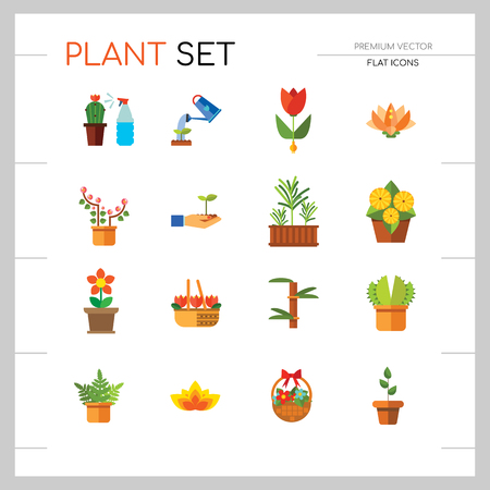 Plant Icon Set. Basket With Flowers Wheat Ears Watering Plant In Flowerpot Flowers In Pot Tulips In Basket Tulip Lotus Exotic Flower Hand Holding Plant Boston Fern Rosemary Bambooのイラスト素材