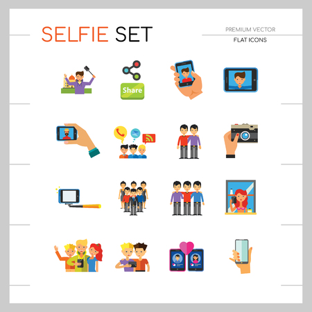 Selfie Icon Set. Dating Selfie Group Self portrait Mirror Monopod Selfie Travel Smartphone Selfie Tablet Photo Camera Hand With Smartphone Social Media Chattingのイラスト素材