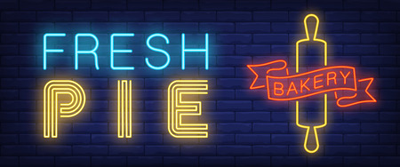 Fresh pie neon text with rolling pin. Bakery shop and pastry concept. Advertisement design. Night bright neon sign, colorful billboard, light banner. Vector illustration in neon style.のイラスト素材