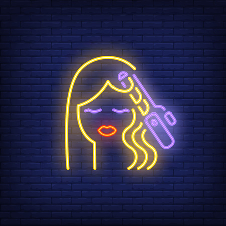 Hair curler curling woman hair neon sign. Hairdressing salon, style and fashion concept. Advertisement design. Night bright colorful billboard, light banner. Vector illustration in neon style.のイラスト素材