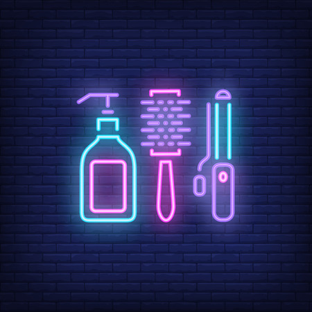 Hairdressing accessories neon sign. Hairdressing salon, style and fashion concept. Advertisement design. Night bright colorful billboard, light banner. Vector illustration in neon style.のイラスト素材