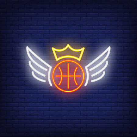 Basketball in crown with wings neon sign. Basketball, team game and sport concept. Advertisement design. Night bright colorful billboard, light banner. Vector illustration in neon style.のイラスト素材