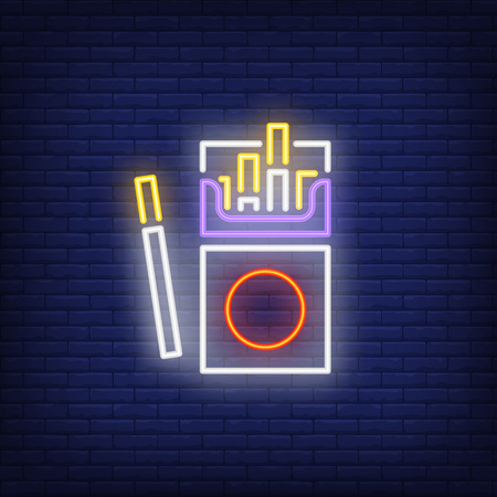 Open cigarette pack neon sign. Smoking, healthcare and addiction concept. Advertisement design. Night bright colorful billboard, light banner. Vector illustration in neon style.のイラスト素材
