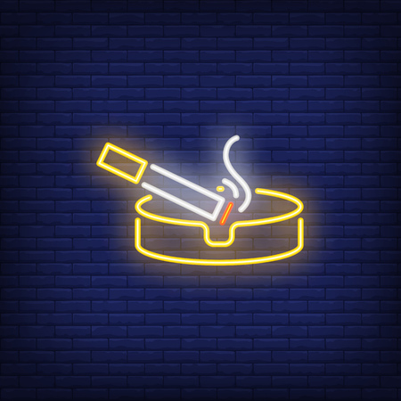 Smoking cigarette on ashtray neon sign. Smoking, healthcare and addiction concept. Advertisement design. Night bright colorful billboard, light banner. Vector illustration in neon style.のイラスト素材