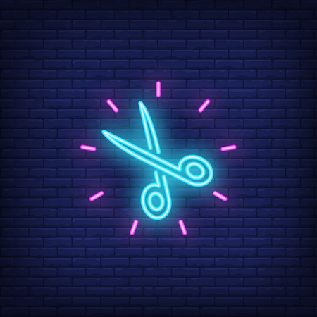Shining scissors neon sign. Hairdressing salon, style and fashion concept. Advertisement design. Night bright colorful billboard, light banner. Vector illustration in neon style.のイラスト素材
