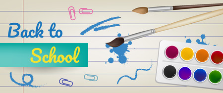 Back to school lettering on lined paper with watercolor paints. Offer or sale advertising design. Handwritten text, calligraphy. For leaflets, brochures, invitations, posters or banners.のイラスト素材
