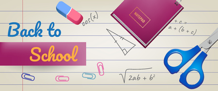 Back to school lettering on lined paper, notepad and scissors. Offer or sale advertising design. Handwritten text, calligraphy. For leaflets, brochures, invitations, posters or banners.のイラスト素材