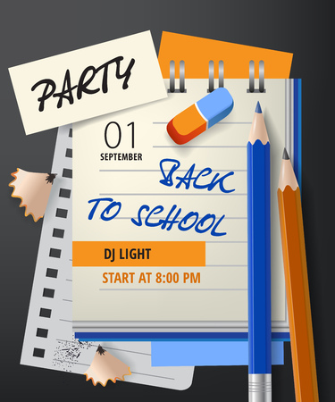 Party, back to school lettering with notebook and pencils. Invitation design. Handwritten text, calligraphy. For leaflets, brochures, invitations, posters or banners.のイラスト素材