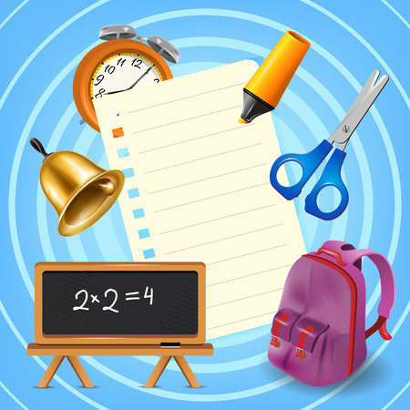 Backpack, supplies and blank paper sheet on blue background. School, offer or sale advertising design. For leaflets, brochures, invitations, posters or banners.のイラスト素材