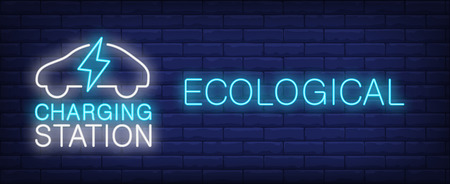 Ecological charging station neon sign. Electric car with lightning on brick wall background. Vector...