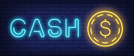 Cash neon text and coin with dollar sign. Finance, banking, money design. Night bright neon sign, colorful billboard, light banner. Vector illustration in neon style.のイラスト素材