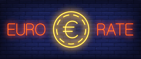 Euro rate neon text with gold coin. Finance, banking, money design. Night bright neon sign, colorful billboard, light banner. Vector illustration in neon style.のイラスト素材