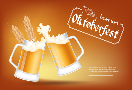 Oktoberfest, beer fest lettering with clinking beer mugs. Holiday, celebration or offer design. Typed text, calligraphy. For leaflets, brochures, invitations or banners.のイラスト素材
