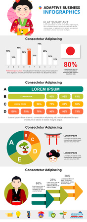 Japanese culture or analytics concept infographic charts set. Business bar and percentage chart for presentation slide templates. For corporate report, advertising, leaflet layout and poster design.のイラスト素材
