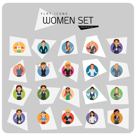 Women vector icon set. Doctor, excited, drinking, in glasses, Indian. Characters concept. Can be used for topics like occupation, race, activity, look, emotionのイラスト素材