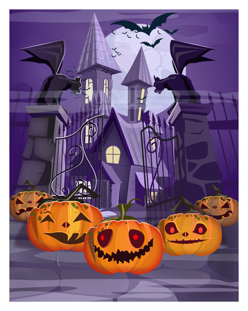 Haunted house with gate and pumpkins vector illustration. Purple Halloween night background. Holiday concept. For websites, wallpapers, banners or postersのイラスト素材