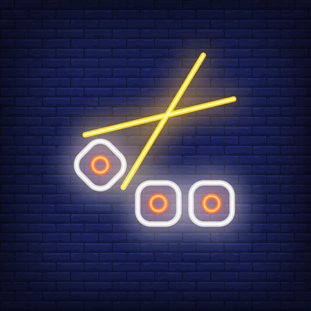 Sushi rolls with chopsticks neon sign. Food, restaurant, Japanese cuisine. Advertisement design. Night bright neon sign, colorful billboard, light banner. Vector illustration in neon style.のイラスト素材