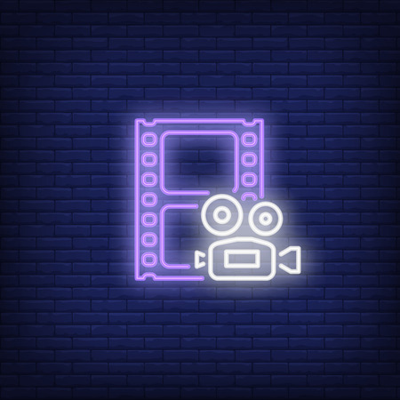 Footage neon sign. Luminous signboard with camera and filmstrip. Night bright advertisement. Vector illustration in neon style for filmmaking, blogging, production, editingのイラスト素材