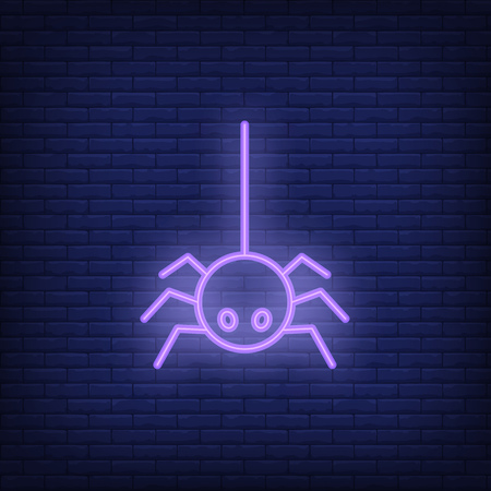 Spider neon sign. Luminous signboard with insect. Night bright advertisement. Vector illustration in neon style for Halloween, phobia, dangerのイラスト素材