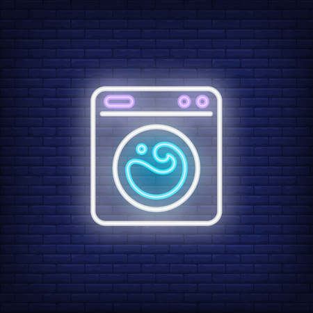 Washing machine neon sign. Laundry service and housework concept. Advertisement design. Night bright neon sign, colorful billboard, light banner. Vector illustration in neon style.のイラスト素材